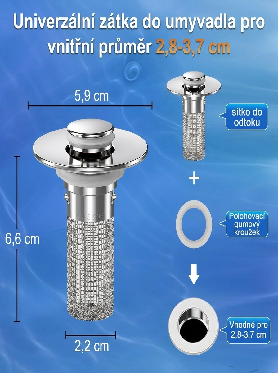 Rozměry univerzální zátky do umyvadla – vnitřní průměr 2,8–3,7 cm