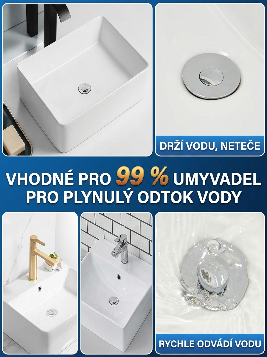Zátka drží vodu a nepropouští, vhodná pro 99 % umyvadel